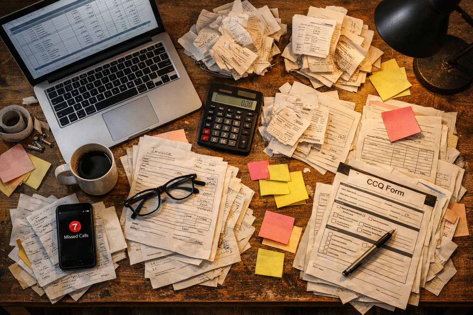 Bureau encombré de paperasse — la réalité administrative des entrepreneurs