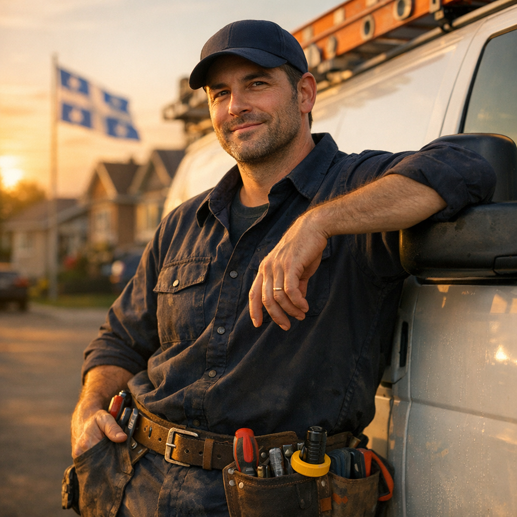 Entrepreneur québécois confiant devant sa camionnette de travail